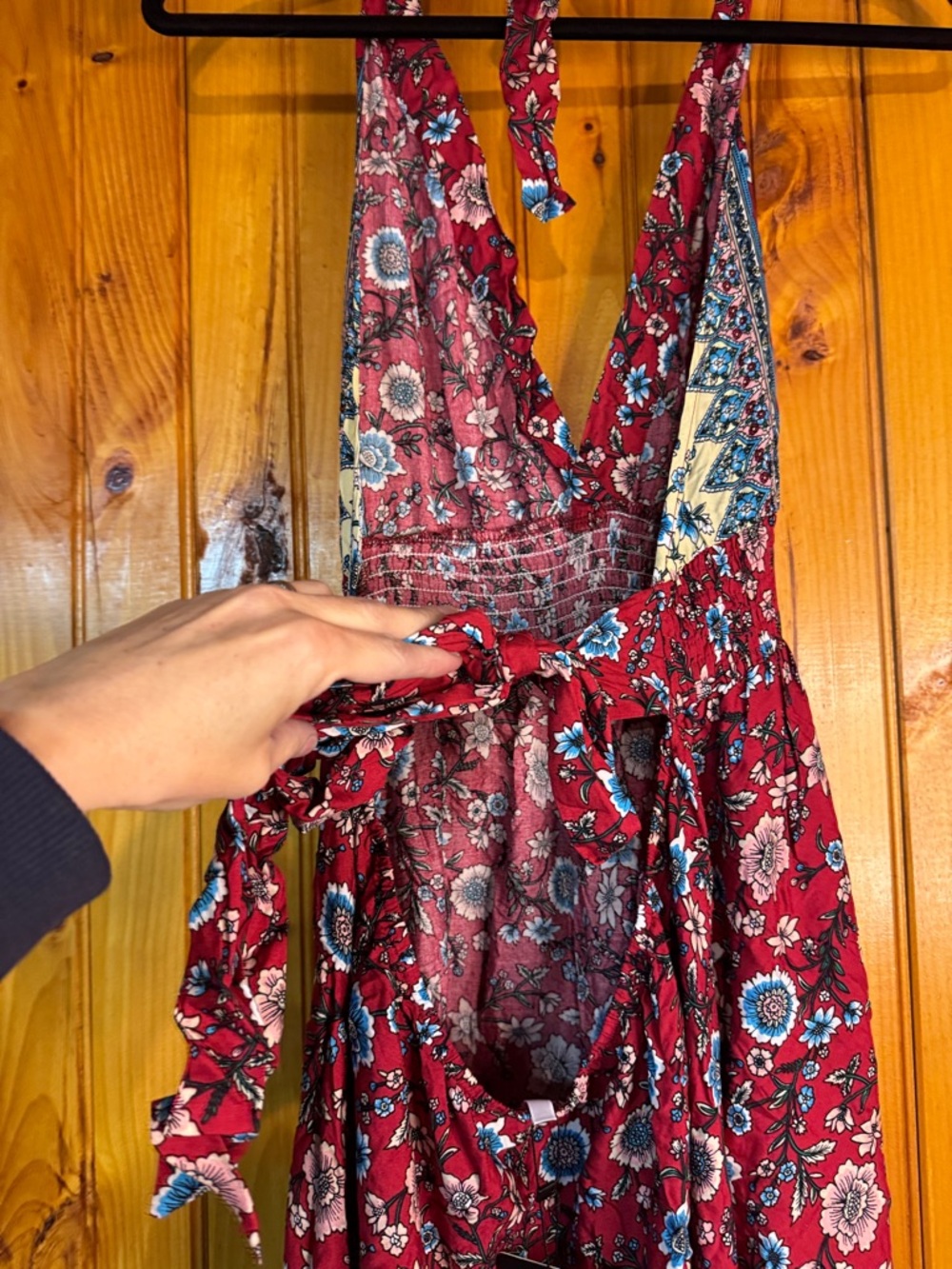 Kohl's Red Floral Halter Maxi Dress with Blue & Cream Border - Picture 8 of 11